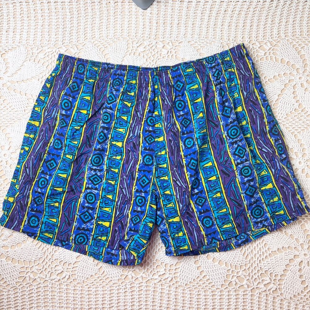 Vintage 1990s Tower Bay Men's 2X Rad Funky Print Blue Striped Swim Trunks Shorts